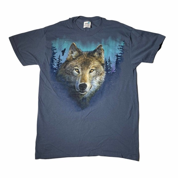 Vintage 90s Wolf Blue T-Shirt Size Medium Wolves Nature Animals Wildlife - Picture 1 of 5